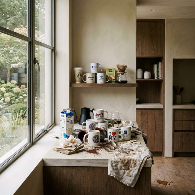 Mismatched ugly mugs on counter